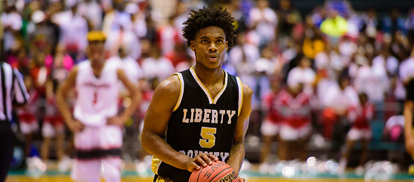 Class of 2017 guard Davion Mitchell led Liberty County (GA) to a state championship in 2016. He's committed to Auburn University. Photo cred - Ty Freeman/GHSA 